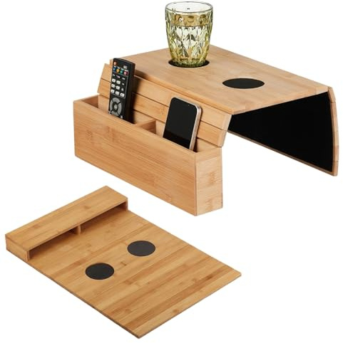 Alleshelfer Sofatablett Armlehne aus Holz mit 2 Untersetzern, 34x16x8 cm | Sofa Armablage, Armlehnen-Organizer für Sofalehne, Regal mit 2 Fächern