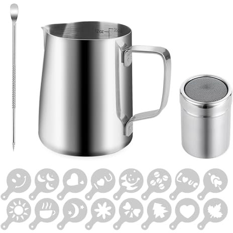 Bricco per Latte in Acciaio Inox da 350 ml, brocca per la schiuma del latte con scala di misurazione e accessori per la latte art, per cappuccino, latte