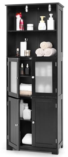 GIANTEX Badschrank, Badezimmerschrank mit Glastüren, 60 x 30 x 163 cm Aufbewahrungsschrank mit 2 offenen Fächern & Verstellbaren Regalen, Mehrzweckschrank Sideboard Küchenschrank (Schwarz)