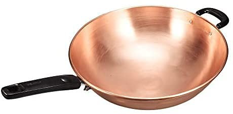 Wok in puro rame – Padella antiaderente fatta a mano, diametro 34 cm, per frittura e cottura versatili, ideale per chef domestici e uso professionale