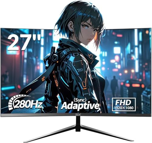 ZZA 27 Inch Gaming Monitor 280Hz 240Hz 1080p 1ms VRB Blue Light Shift Machine Black Curved 100% sRGB, Adaptive FreeSync,Display Port DP HDMI VESA Mounting Compliant