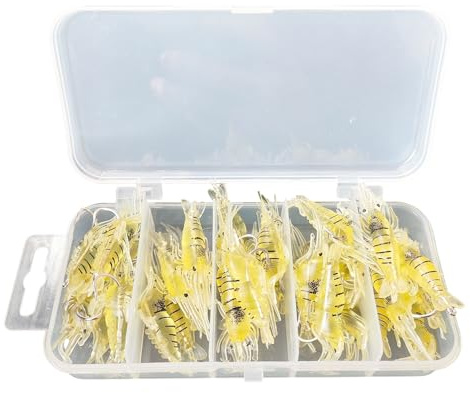PVNOOCY 30 Stück Gummiköder mit Köderbox, Garnelen Köder mit Haken, Künstliche PVC Angelköder für Forelle,Barsch,Hecht,Döbel, Zander,Angelset Angeln Geschenk für Männer