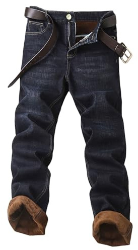Mens Fleece Lined Jeans Denim Thermal Trousers for Men UK Cold Weather Winter Work Fleece-Lined Pants with Pockets Male Thicken Casual Workwear for Hiking Camping Climbing