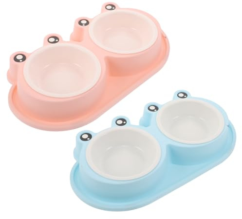 BUGUUYO Cuencos Dobles Antideslizantes para Gatos y Mascotas Base Estable, Doble Tazón de Plástico, Diseño Rana, Colores Rosa y Azul Pastel, Adecuado para Alimentación al Aire Libre