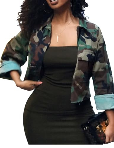 xxxiticat Women's Camoufalge Print Fall Jacket Long Sleeve Button Camo Cargo Lightweight Casual Button Crop Bomber Coat(GR,2XL)
