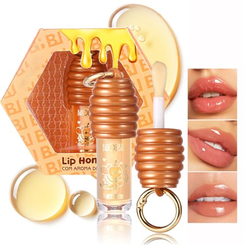 Petansy Huile à lèvres au miel, baume à lèvres hydratant et brillant, haute brillance, finition lisse, huile brillante transparente dorée, hydratant nourrissant pour les lèvres sèches avec porte-clés