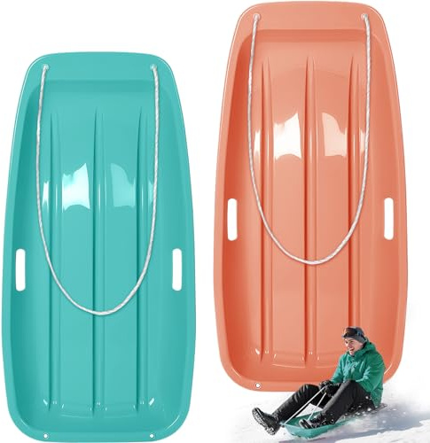 Poen 2 Pcs Plastic Snow Sled 35 Downhill Sprinter Winter Toboggan Sled Board with Pull Rope and Handles Snow Sleds for Kids Adults Downhill Sledding Sleigh Sand Board Sleigh(Teal and Orange)