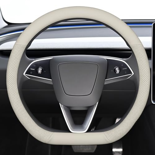 Nappa Leather Steering Wheel Cover for Tesla - Universal Fit for Model S/3/X/Y, Non-Slip Grip, Premium Car Interior Accessories (White)