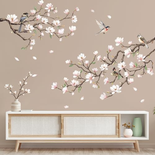 Tanlaby Autocollants Muraux Magnolia Blanc Sticker Muraux Arbres Fleurs Branches Rose Sticker Murale à Décoller et Coller Décoration Murale d'Sngle pour Salon Chambre à Coucher Canapé