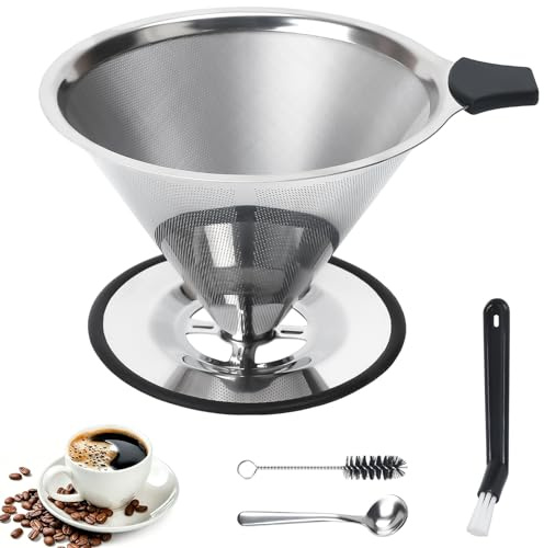 Pour Over Coffee Dripper Stainless Steel Coffee Filter Paperless Mesh Cone | Reusable Drip Coffees Filter Cup with Cleaning Brushand and Spoon for Single Cup Brew Coffee Maker