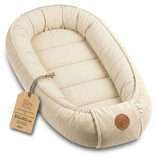 Gosigt Bebisnäste Nyfödd – Baby Nest mjukt bärbart och bekvämt för Spjälsäng Barnsäng Vagga Barnrum och Resa – ombonat mysigt för Pojke Flicka 90x50 cm Beige Manchester