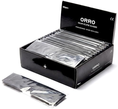ORRO Gafas para Eclipse Solar de 37 mm, Pack de 2/6/12/50, Negras, Protección Ocular Certificada, Ensayadas según EN ISO 12312-2:2015, Marcado CE para Observación Directa del Sol - Ajuste Clásico