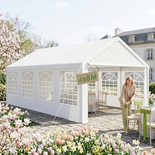 YRHome Tonnelle de qualité supérieure 4 x 8 m, imperméable et résistante à l'hiver, facile à monter, stable avec panneaux latéraux et fenêtres, toit en polyéthylène, pour jardin, mariage, blanc