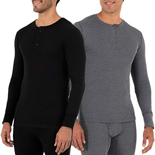 Fruit of The Loom Men's 2-Pack Recycled Waffle Thermal Underwear Henley Top, Black/Greystone Heather, Large