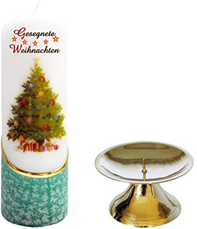 Meissner-Handel Auswahl Motiv, Weihnachtskerze 'Gesegnete Weihnachten' ca. 6 x 18 cm, farbig getaucht, mit farbigen Wachs- und Bildauflagen, inkl. Messingständer (Motiv 001-GW)