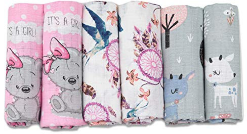 FENSILO - Mulltücher - Mullwindeln - 6er Pack 70x80 cm - Stoffwindeln, MADE IN EU, schadstoffgeprüft - Spucktücher Set für Mädchen – Baby Mullwindeln- Rosa – Grau