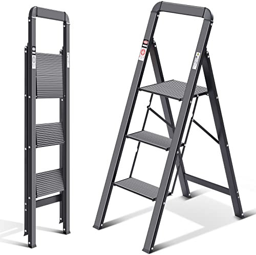 KINGRACK Escabeau, 3 marches, escabeau Pliant avec Main Courante, escabeau de Maison antidérapant avec mécanisme Anti-Pliage, Tabouret de Marche en Aluminium, Charge maximale 150 kg, Noir