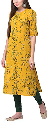 Ladyline Cotone etnico stampato Womens tunica Top fessura frontale maniche roll-up bottoni giù collo tasca lungo Kurti Kurta, Senape, 52