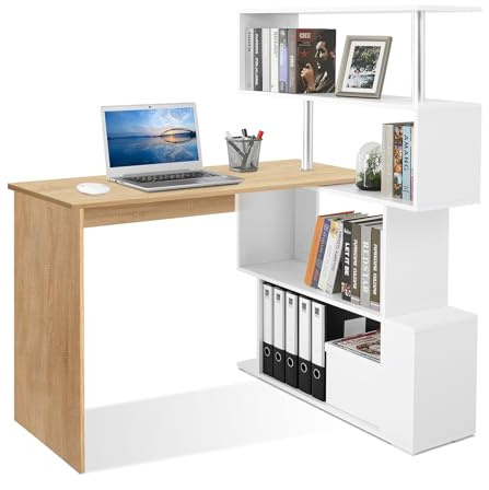 Mondeer Scrivania per Computer a Forma di L, Scrivania ad Angolo, Con Scaffale Girevole a 360 Gradi Per L'ufficio e lo Studio, 157 x 45 x 130.5 cm, Bianco e Legno