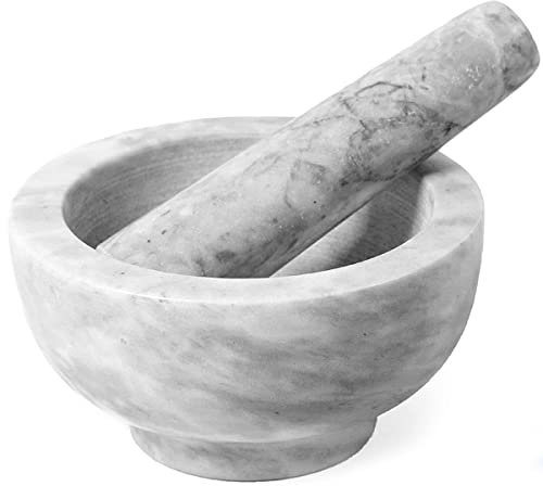 Juego de Mortero con Maja, Molcajete Mármol Natural Duradero, Triturador Manual de Piedra para Moler Machacar, Ideal para Moler Especias y Hierbas - Altura 6 cm, Diámetro 11 cm