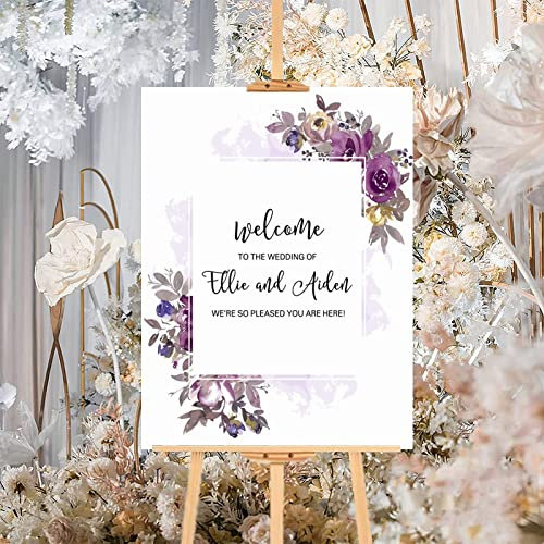 Anpassbares Holzschild für Hochzeiten, violett, floral, rustikales Holz, Hochzeit, Willkommensschild, Vintage, Hochzeit, Empfang, Party, Schild für Verlobung, Verlobung, Feier, Dekoration, 30,5 x