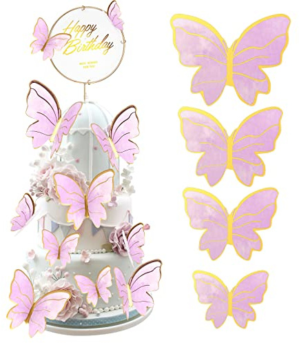 40 Stk Schmetterlinge Tortendeko, Schmetterlinge Kuchen Deko, Dreidimensional Torte Cupcake Topper, Geburtstag Happy Birthday Tortendeko für Cupcake Kuchen Geburtstag Hochzeit Babyparty - Rosa