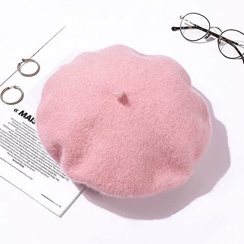 tcax Baskenmütze Damen Baskenmütze Frauen Winter Dicker Hut Mädchen Einfarbig Herbst Baskenmützen Hüte Für Frauen Flache Mütze Hut Filz Baskenmützen,Pink, 53-57Cm