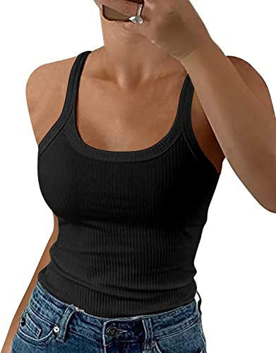 GEMBERA Women Spaghetti Strap Scoop Neck Ribbed Tank Tops Slim Fitted Cotton Camisole Basic Sleeveless Layering Shirts(3227 Black S)