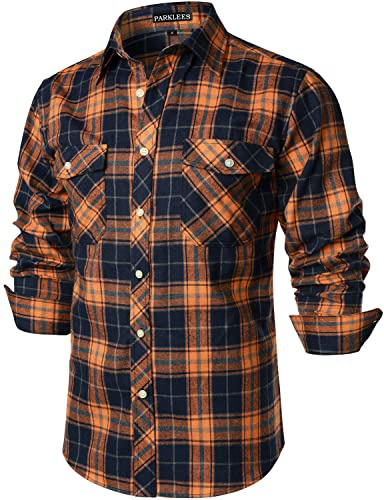 PARKLEES Herren Freizeithemden Regular Fit Button Down Check Kariert Flanellhemden mit Taschen PZLCL41 Orange XXL