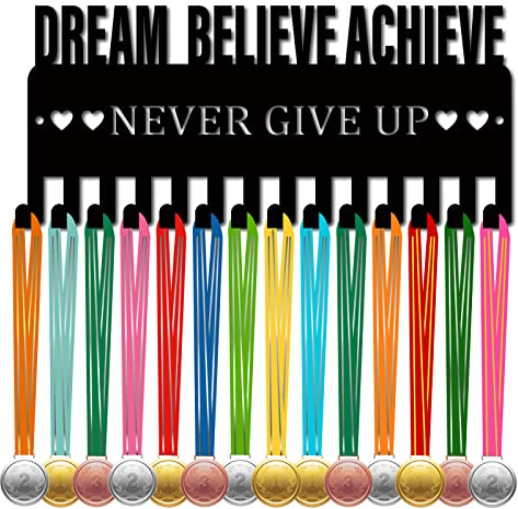 CREATCABIN Medaillenhalter, Display-Aufhänger, Sport-Wandhalterung Aus Metall, Kleines Dekor Mit 14 Haken Für Rennläufer, Spieler, Turner, Turner, Schwarz,29x13cm– Dream Believe Achieve Never Give Up