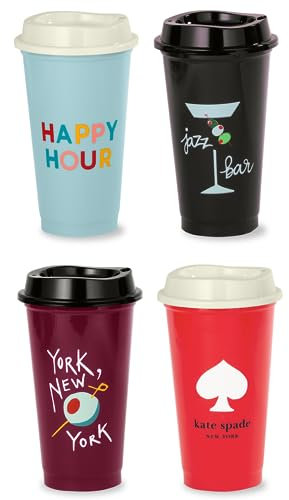 kate spade new york Lot de 4 tasses à café réutilisables avec couvercles, gobelets de voyage en plastique sans BPA avec couvercles, pour boissons chaudes ou froides, 473 ml, Happy Hour