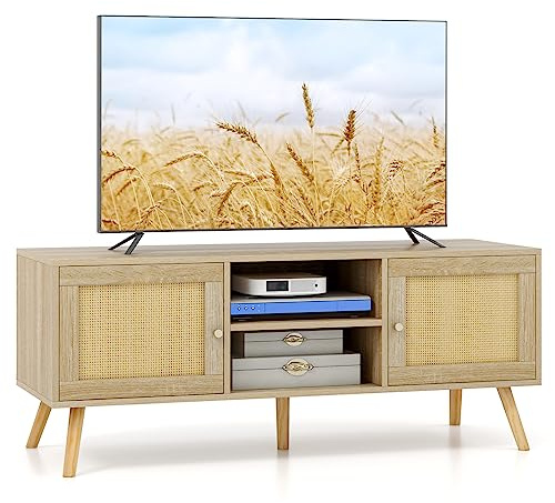 COSTWAY TV Stand for TVs up to 55, Wooden TV Cabinet Media Entertainment Center with 2 Rattan Effect Doors and Open Storage Shelves, 5 Solid Wood Legs TV Unit Console Table for Living Room Bedroom
