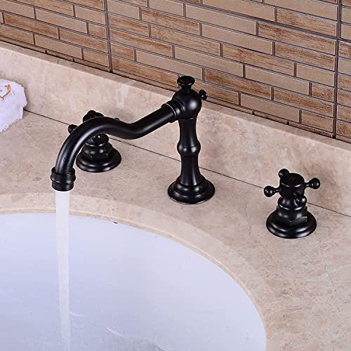 Europäisch Waschbeckenarmatur ZWeißriff Retro Bad Wasserhahn Kreuzgriff Wasserhahn Bad Waschbecken Heiß und Kaltwasserhahn 3-Loch Waschtischbatterie,Chrom (Color : Schwarz Patina)