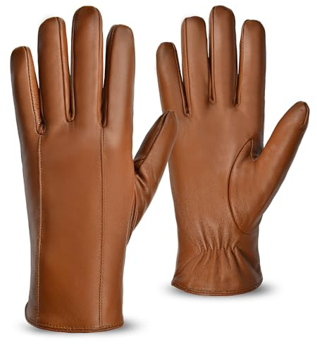 Guantes de Piel para Hombre con Forro de Cachemir Invierno Guantes de Cuero de Oveja,Camello,XL