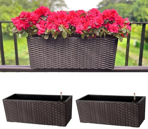 LaLaGreen - Maceta para balcón (2 unidades, 20 pulgadas), grande, color negro, con riego, con soportes, rectangular, de plástico, para ventana, diseño con patrón de ratán