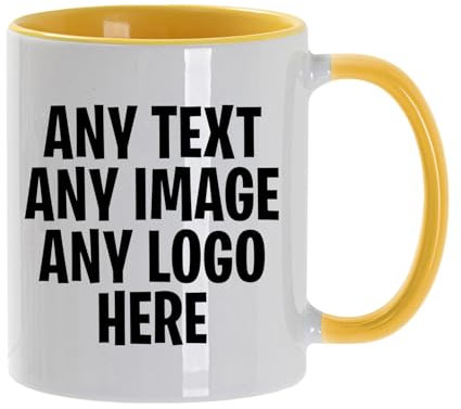 Personalised Mug | Coffee Cup with Coloured Handle and Inner | Any Photo or Text | Custom Coloured Cups for Birthdays, & Occasions | Ceramic Mugs Available in Ten Colours | Yellow