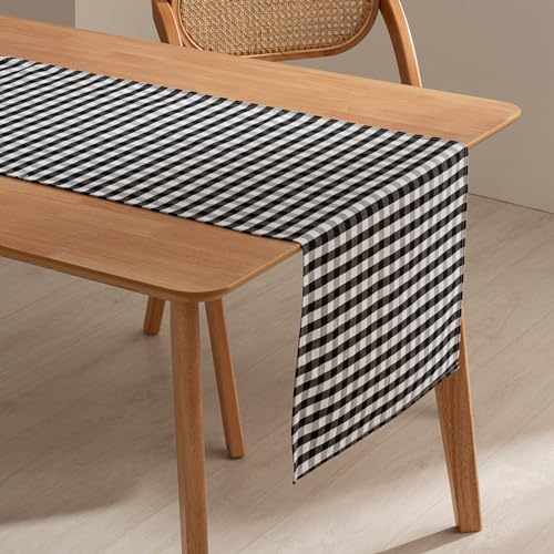 GAMUSI Camino de Mesa Rectangular Antimanchas Impermeable Vichy a Cuadros 45x170 cm Tacto Tela algodón Transpirable y Suave, Color Negro