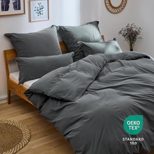 Blumtal Bettwäsche 135x200 Leinen Optik 2teilig mit Kissenbezug 40x80cm - Bettbezug leinenartige Baumwolle, ähnlich zu Leinen Bettwäsche 135 x 200 cm - Oeko-TEX zert. Stone Washed Bettbezug Anthrazit