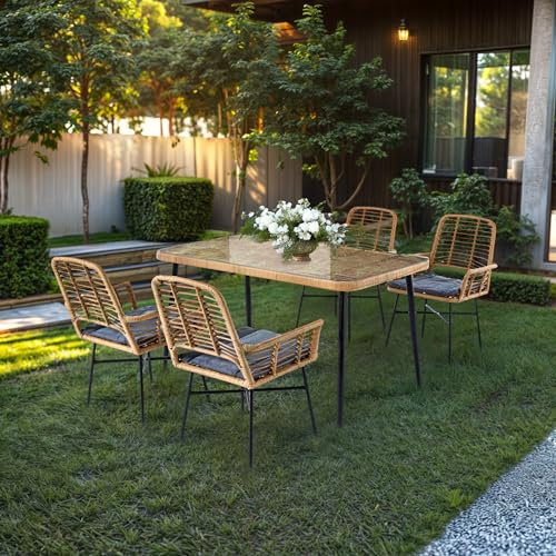 Wohnando Outdoor Sitzgruppe aus Rattan 5-TLG. für 4 Personen | Gartenmöbel Set Bistroset mit 4 Stühlen & Tisch mit Glasplatte und Sitzpolstern | wetterfest Lounge Terrasse Balkon Natur