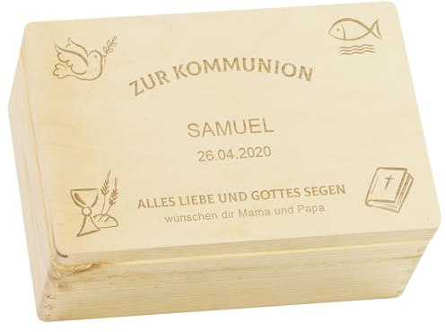 LAUBLUST Holzkiste zur Kommunion - Kirchen Symbole Motiv | Geschenkkiste Personalisiert mit Gravur, FSC® (Natur, ca. 30 x 20 x 14 cm | M)