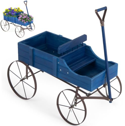 GiantexUK Wooden Wagon Garden Planter, Flower Cart with Long Handle and Flexible Wheels, Outdoor & Indoor Decorative Wheelbarrow Flower Pot Stand (Blue)