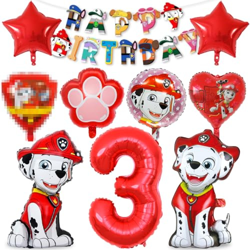 Hund Geburtstag Deko 3 jahre, 10pcs Dog Luftballon 3 Deko Kindergeburtstag Rot, Ballonheld Folienballon, Happy Birthday Banner für Hundl Party, Helium Ballon Set für Jungen Mädchen