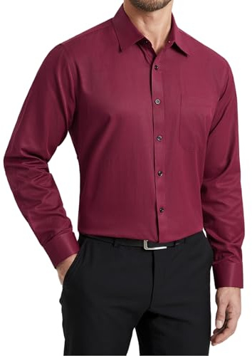 HISDERN Camicia da Uomo a Maniche Lunghe Casual Top per Business Tempo Libero e Cerimonia con Colletto Classico e Tasca Borgogna 2XL