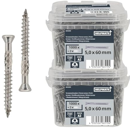 HELPMATE – Vis de terrasse – 5x60 mm – acier inoxydable A2 – 2000 vis pour plancher + embout T25 – Vis de terrasse pour l'extérieur (construction de terrasses & abris de jardin)