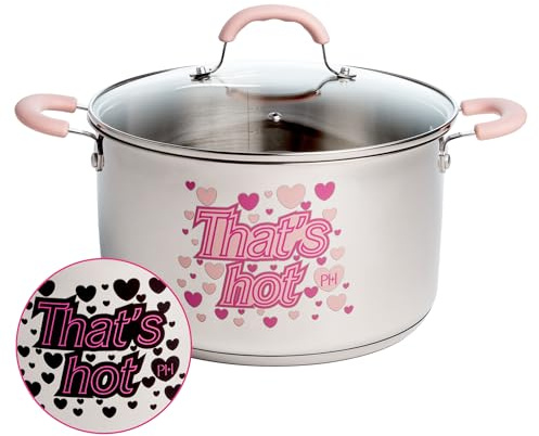 Paris Hilton Stainless Steel Stock Pot with Iconic Color Changing That's Hot Heat Indicator Decal, Features Soft Grip Handles and Measure Marks, 8-Quart, Pink