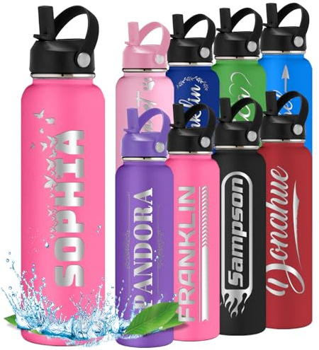 Bouteille d'eau personnalisée avec nom gravé avec icône pour enfants, adolescents, garçons et filles, cadeau de rentrée scolaire, voyage, gym, sport, bouteilles isothermes avec poignée à paille
