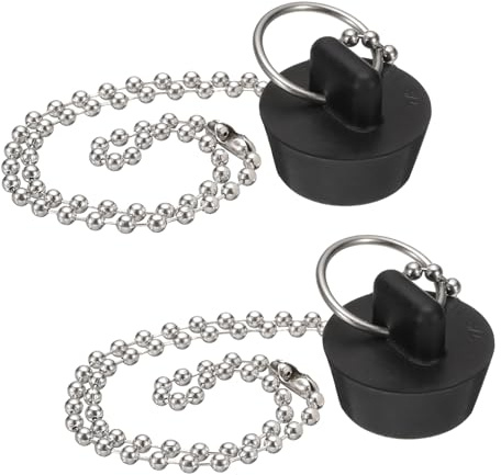 uxcell 2Pcs Drain Stoppers, Rubber Bathtub Stopper Sink Plugs Caps with Hanging Ring and 15 Bead Chains for Bathtub Kitchen Bathroom (Black - 7/8 to 1)