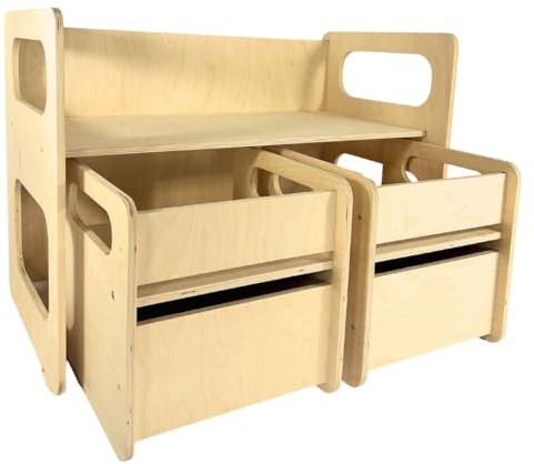 SWEETME Tavolino Banchetto che diventa Panca con 2 Sedie Montessori con Cassetto, Salvaspazio in Legno Betulla per Bambini, Giochi Educativi Montessoriani Studio Cameretta Scuola Asilo Ludoteca