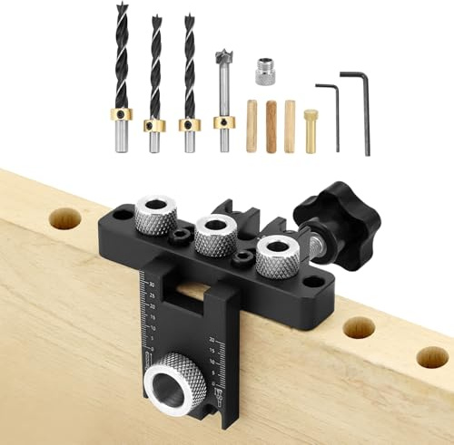 QWORK® 3-in-1 Taschenloch Bohrschablone Kit mit 3 Bohrergrößen (8/10/15mm) – Einstellbare Bohrlehre, inkl. Bohrer, Buchsen und Positionierungsblock
