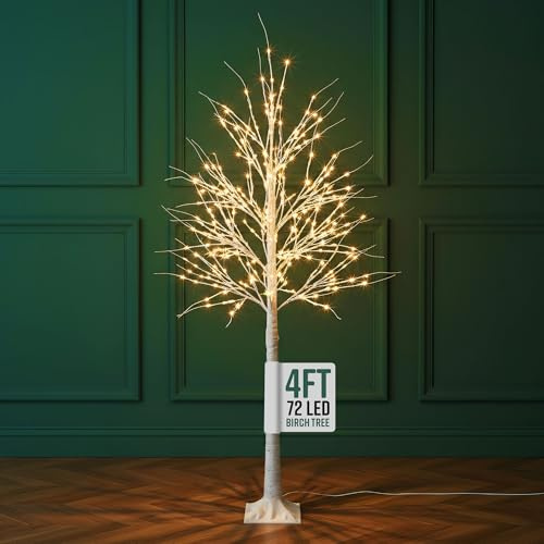 GloBrite 4ft Pre-Lit Twig Christmas Tree with 72 Warm White LEDs - White Birch Design, Bendable Branches, Indoor & Outdoor Christmas Decorations